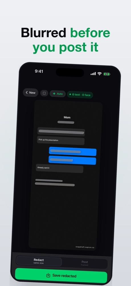 A redacted chat screenshot in the Snapdraft editor, headlined "Blurred before you post it"