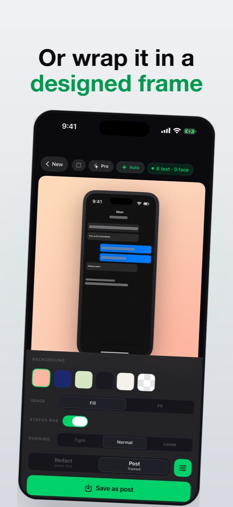 Post mode: the screenshot in an iPhone frame on a designed background
