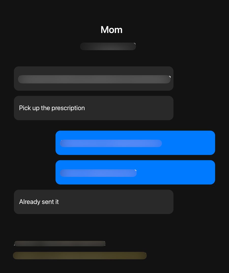 The same screenshot after Snapdraft: the address, email, phone number, account number and API key are blurred; the rest of the chat is untouched