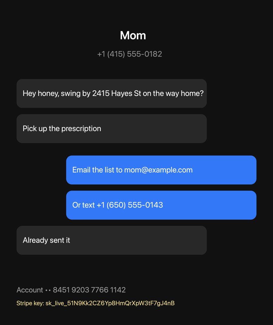 A chat screenshot showing a street address, an email address, a phone number, an account number and a Stripe API key